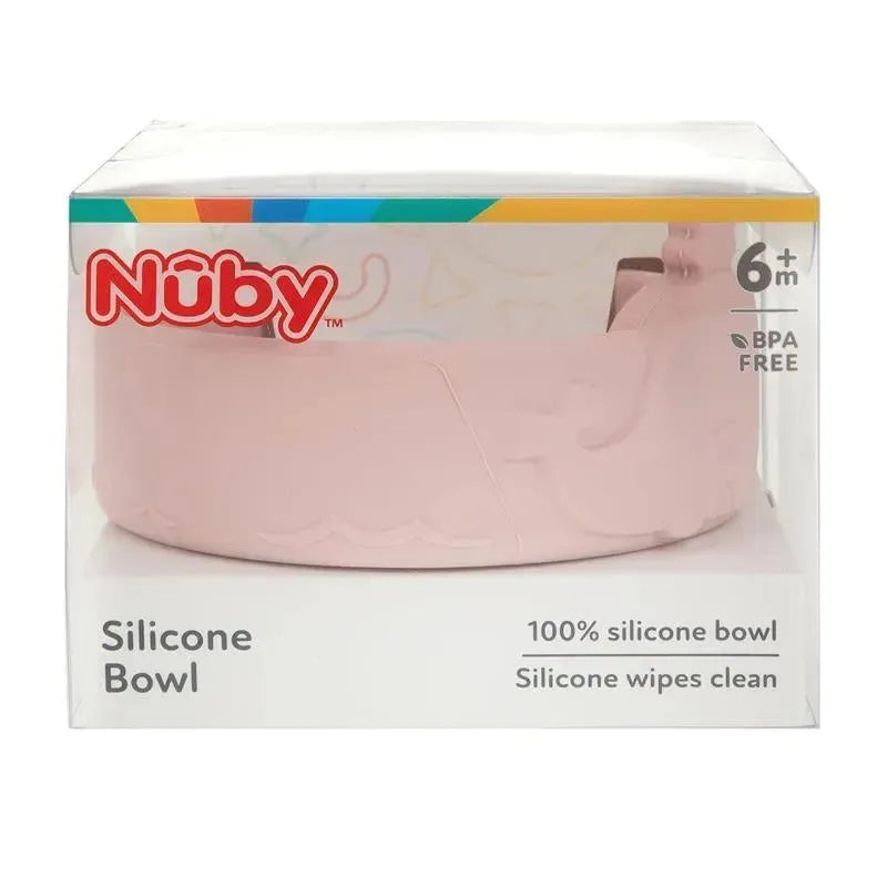 Silicone whale baby feeding bowl in pink blush, 100% silicone, BPA-free, wipes clean, suitable for ages 6 months and up.