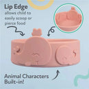 Silicone whale-shaped baby feeding bowl in pink blush with a decorative lip edge and built-in animal characters.