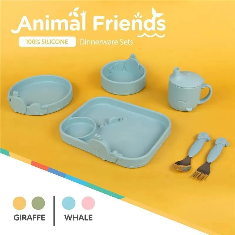 Silicone whale feeding bowl set in blue, including plates, cups, and utensils, featuring cute animal designs.