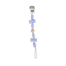 Silicone and wood beaded pacifier clip holder in lavender with stainless steel clip and bowtie design.