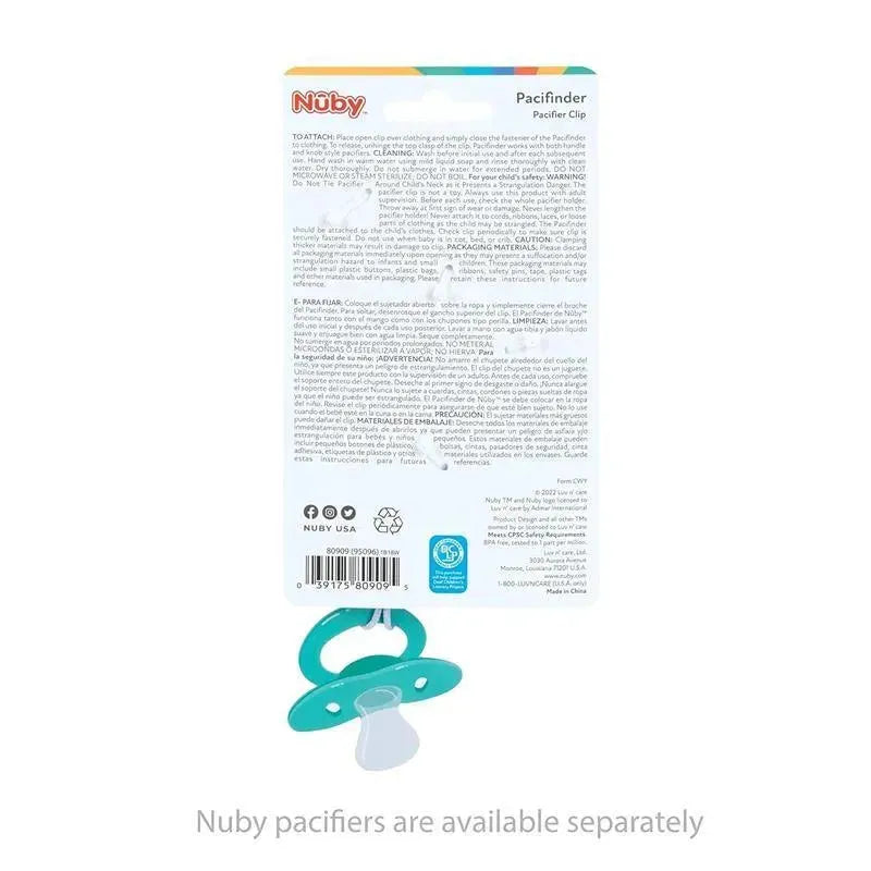 Nuby pacifier clip holder with a stainless steel clip, featuring a silicone and wood beaded design, and bowtie.