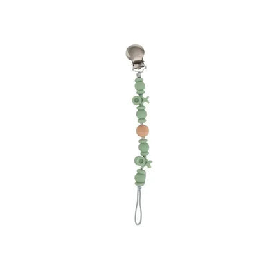 Silicone and wood beaded pacifier clip holder, featuring green and wooden beads with a stainless steel clip at the top.