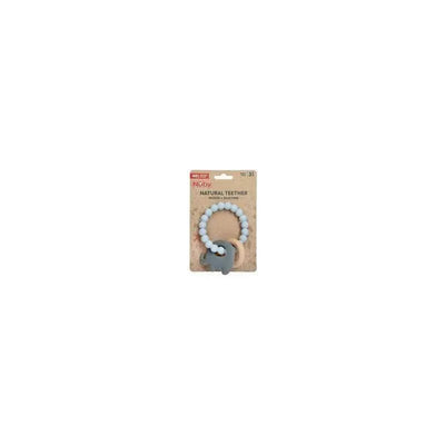 Gray silicone and wood teething bracelet from Nuby, featuring a light blue bead design and an elephant-shaped teether.