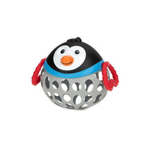 Nuby Silly Shaker Rattle Toy designed as a penguin, featuring a black head, orange beak, and a gray open-patterned body with red handles.