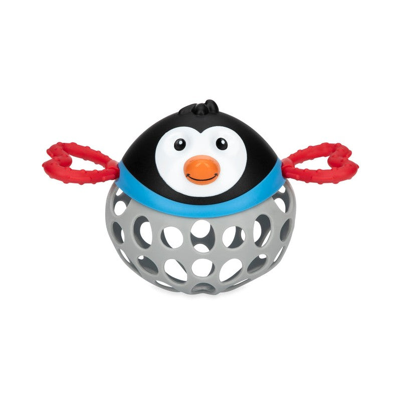 Nuby Silly Shaker Rattle Toy shaped like a penguin, featuring a smiling face and red handles for easy grasping.