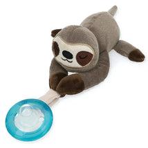 Nuby Snuggleez Pacifinder featuring a plush sloth holding a silicone pacifier with a blue base.