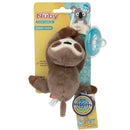 Nuby Snuggleez Pacifinder features a plush sloth holding a silicone pacifier, ideal for soothing infants.