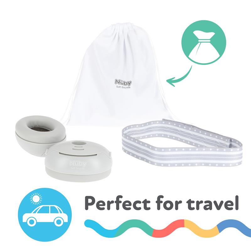 Nuby Soft Sounds adjustable baby earmuffs in gray, with a storage bag and travel strap, designed for noise protection.
