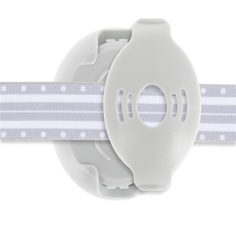 Adjustable white baby earmuffs with a light gray striped band designed for protection against loud noises.