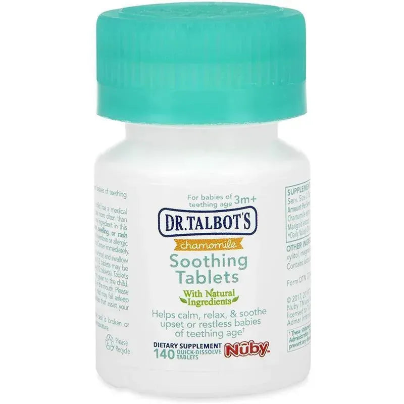 Nuby Soothing Tablets bottle with turquoise cap, containing 140 chamomile tablets for babies 3 months and older.