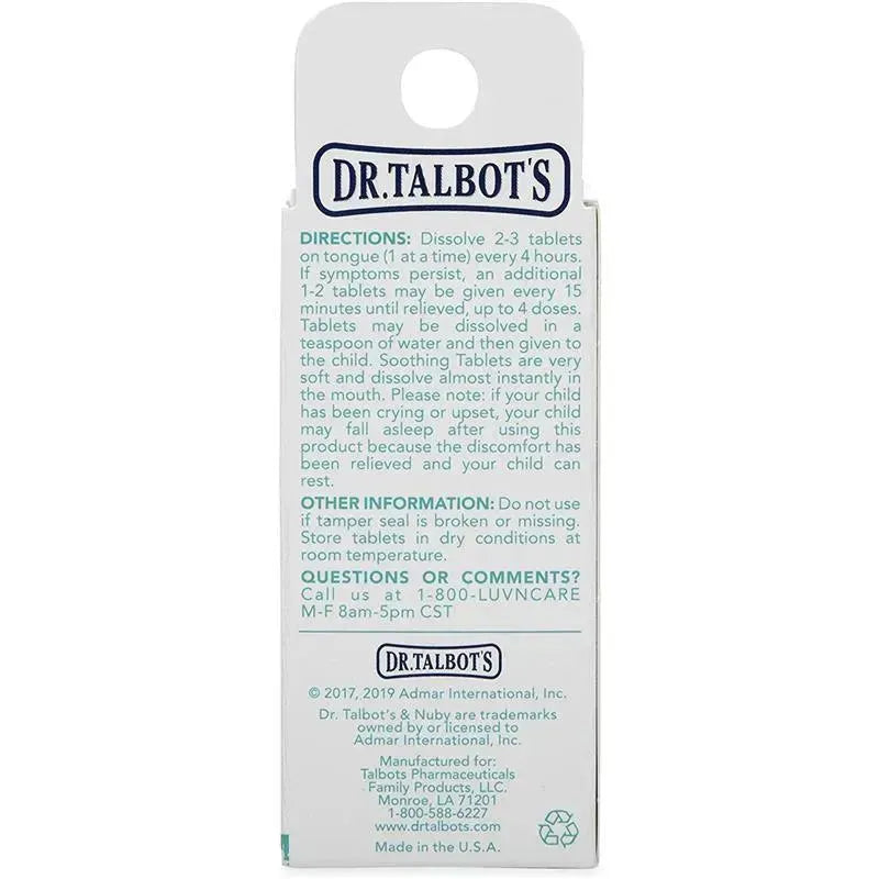 Nuby Soothing Tablets 140ct packaging with usage directions and warning information clearly displayed.
