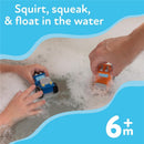 Nuby Squirt Wheels Bath Toys featuring two colorful, floating toy cars in a bubbly bath; suitable for children 6 months and older.