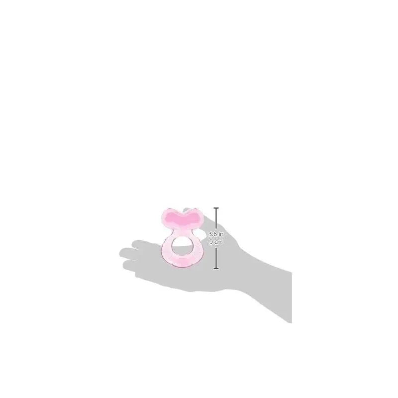 Soft silicone pink teether with a bow design, measuring 3.6 in (9 cm), held in a hand for size reference.