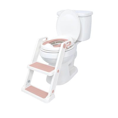 Nuby Step Ladder Toddler Potty Seat in pink, designed for toilet training, positioned on a white toilet.