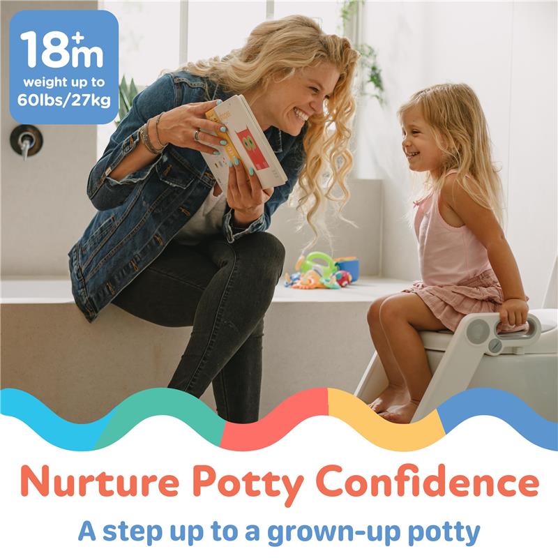 Pink Nuby Step Ladder Toddler Potty Seat, with a girl and adult engaging playfully, promoting potty training.