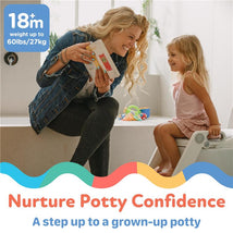 Pink Nuby Step Ladder Toddler Potty Seat, with a girl and adult engaging playfully, promoting potty training.