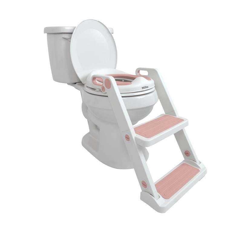 Nuby Pink Step Ladder Toddler Potty Seat attached to a toilet, featuring a two-step ladder for easy access.