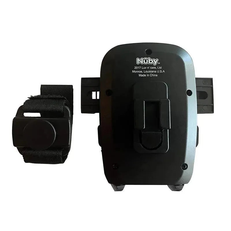 Phone holder for strollers by Nuby, featuring a black design with adjustable straps for secure attachment.