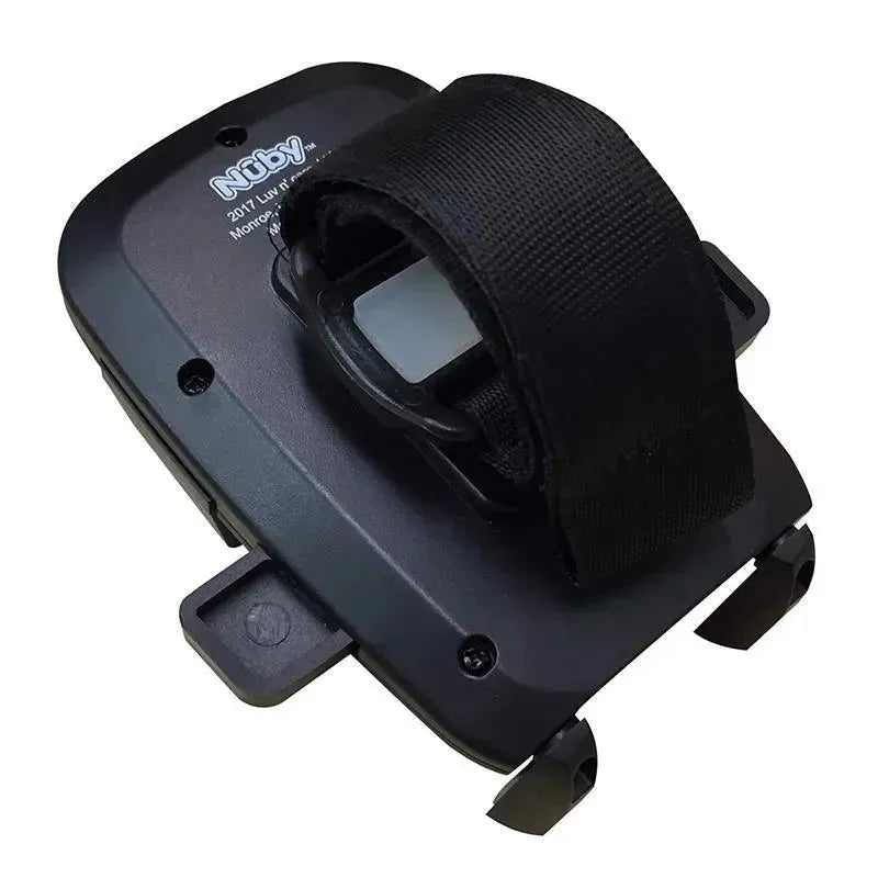 Nuby stroller phone holder with a black strap, designed to securely hold a smartphone while on the go.