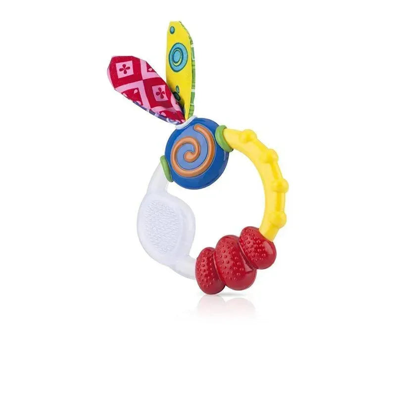 Colorful Nuby Teether Combo Set featuring a Wacky Teether with spiral design and two red Chewbies for soothing infants.