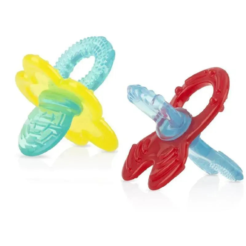 Nuby Teether Combo Set includes a yellow wacky teether and two red chewbies, designed for soothing infants’ gums.