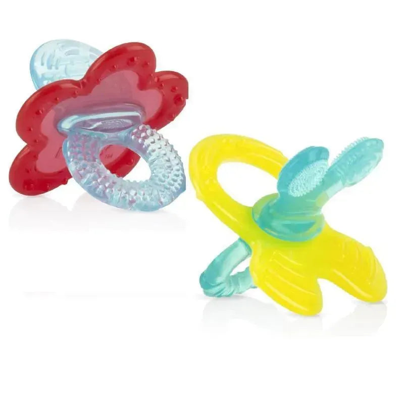 Wacky Teether and Chewbies from Nuby, featuring a red flower-shaped teether and a yellow butterfly-shaped teether.
