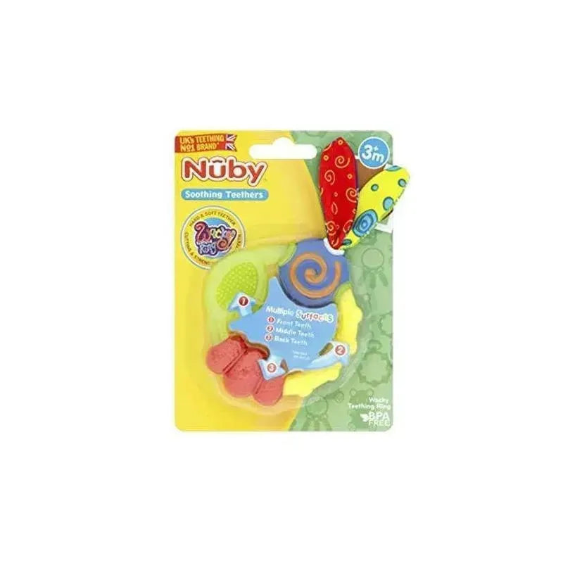 Nuby teether combo set featuring a wacky teether and two chewbies, designed for soothing infants, BPA-free.