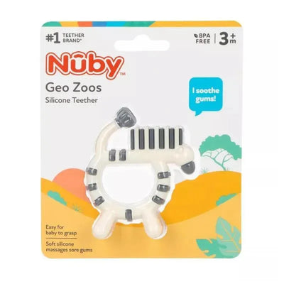 Nuby Geonimal Zebra silicone teether, BPA free, designed for easy gripping and soothing sore gums.