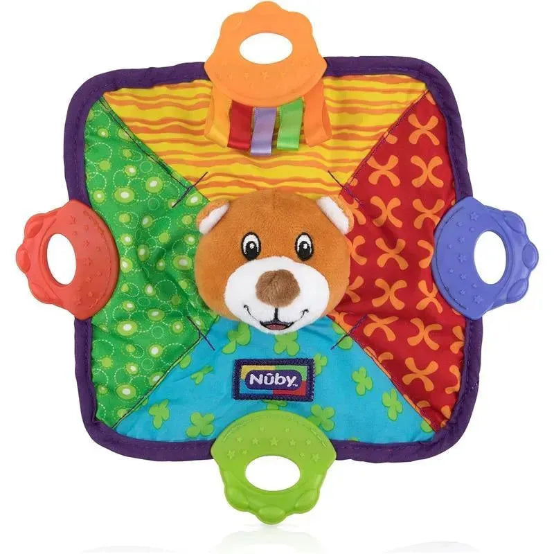 Teething blanket featuring a plush bear head, colorful patterned fabric, and multiple tactile grips for sensory play.