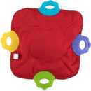 Teething blanket in red with four textured silicone grips in blue, yellow, green, and purple corners.