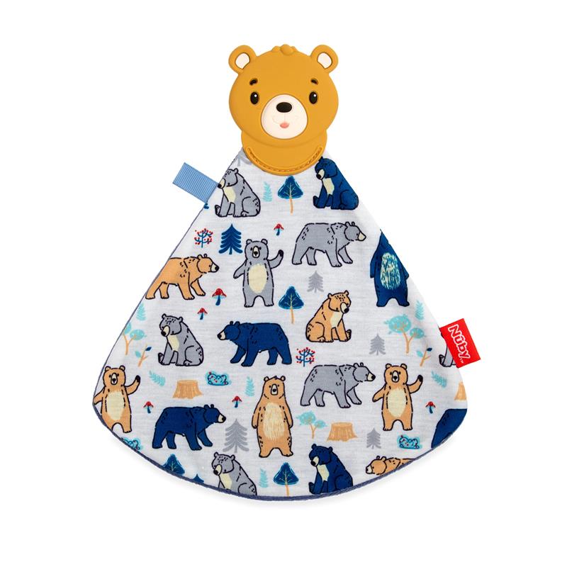 Teething blanket featuring a silicone bear head, adorned with colorful bear patterns on soft fabric.