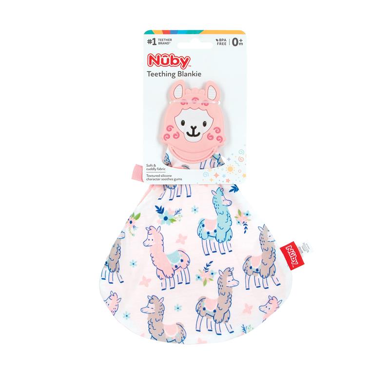 Nuby teething blanket featuring a silicone animal head, with pastel llama prints on soft fabric. BPA-free and suitable for infants.