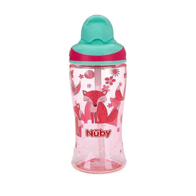 12Oz Nuby Thirsty Kids Flip-It cup in pink with a thin straw and fox designs, featuring a no-spill lid.
