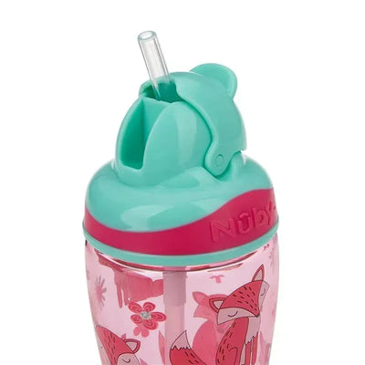 12oz Nuby Thirsty Kids cup with a pink fox design, featuring a no-spill thin straw and flip-top lid.