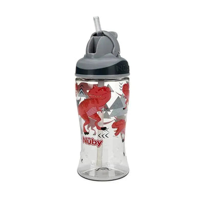 Nuby Thirsty Kids 12Oz No Spill Thin Straw Flip-It Boost in grey with red dinosaur print and clear body.