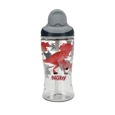12oz Nuby Thirsty Kids cup with a grey flip-top lid, featuring red dinosaur graphics and a no-spill straw design.