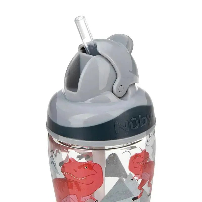 Nuby 12Oz No Spill Thin Straw Flip-It cup in grey with a printed design featuring playful dinosaurs and a flip-top lid.