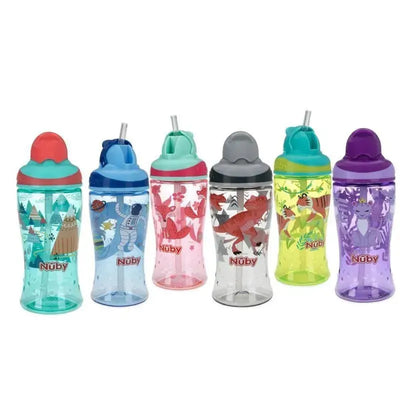Assorted Nuby Thirsty Kids Flip It Boost sippy cups featuring colorful animal and theme designs with flip-top lids.