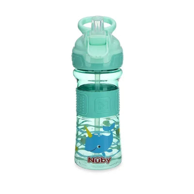 Nuby Thirsty Kids Flip It Reflex bottle in aqua, featuring a narwhal design and a flip-top lid for easy drinking.