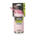Nuby Thirsty Kids 10 Oz stainless steel Flip-It Reflex Cup in pink with a no-spill design, BPA-free label, and attached lid.
