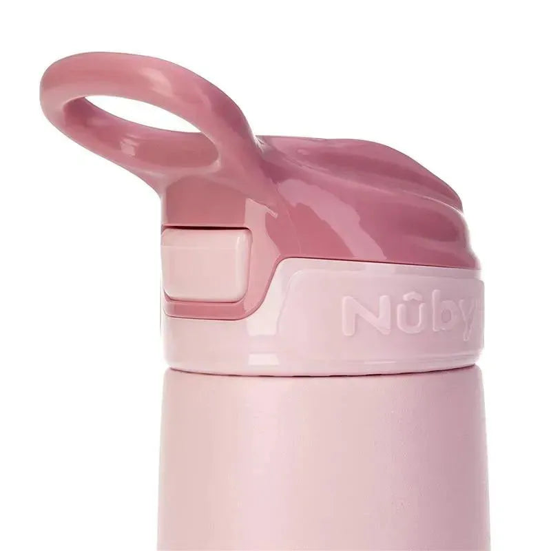 Nuby Thristy Kids 10 Oz stainless steel flip-top cup in pink with a handle and a push-button for easy drinking.