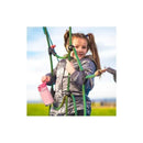 Girl in a gray jacket holding a pink Nuby Thirsty Kids 10 oz stainless steel Flip-It Reflex Cup while playing on a climbing structure.