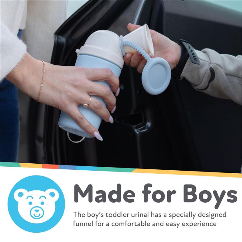 Blue travel potty urinal for boys with a funnel, designed for comfort and ease during use.