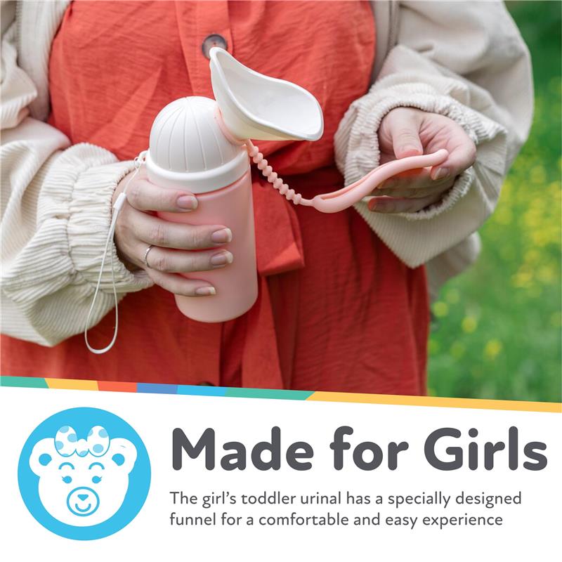 Toddler urinal for girls in pink with a detachable funnel, designed for easy and comfortable use.
