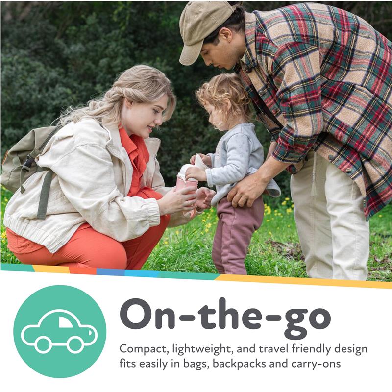 Compact Nuby travel potty urinal for girls shown with a mother and father assisting their child outdoors.