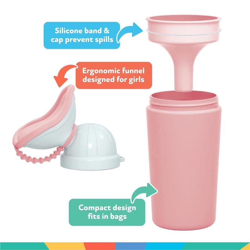 Travel potty urinal for girls in pink, featuring an ergonomic funnel, silicone band, spill-proof cap, and compact design.