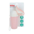 Nuby Travel Potty Urinal for girls in pink, featuring a leak-proof design and compact, travel-friendly cap.