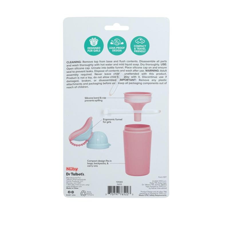 Travel potty urinal for girls, featuring a pink ergonomic funnel, leak-proof cap, and compact design for easy transport.