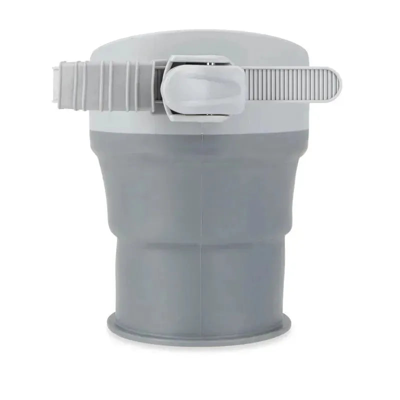 Universal collapsible cup holder in gray, featuring an adjustable strap for secure attachment.