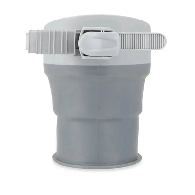 Universal collapsible cup holder in gray, featuring an adjustable strap for secure attachment.